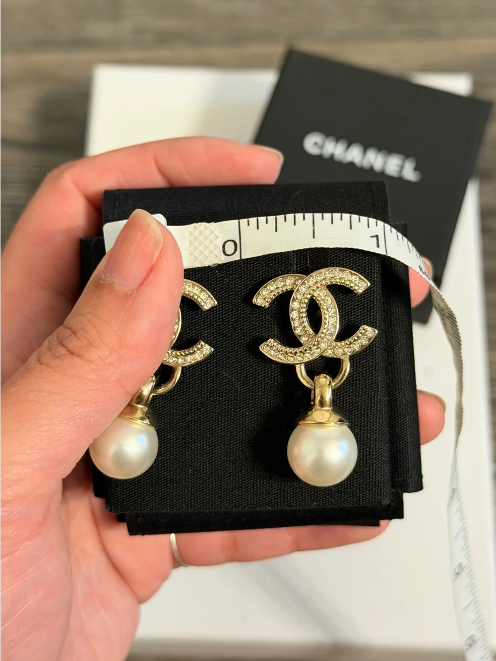 CHANEL Gold Crystal CC Pearl Drop Earrings